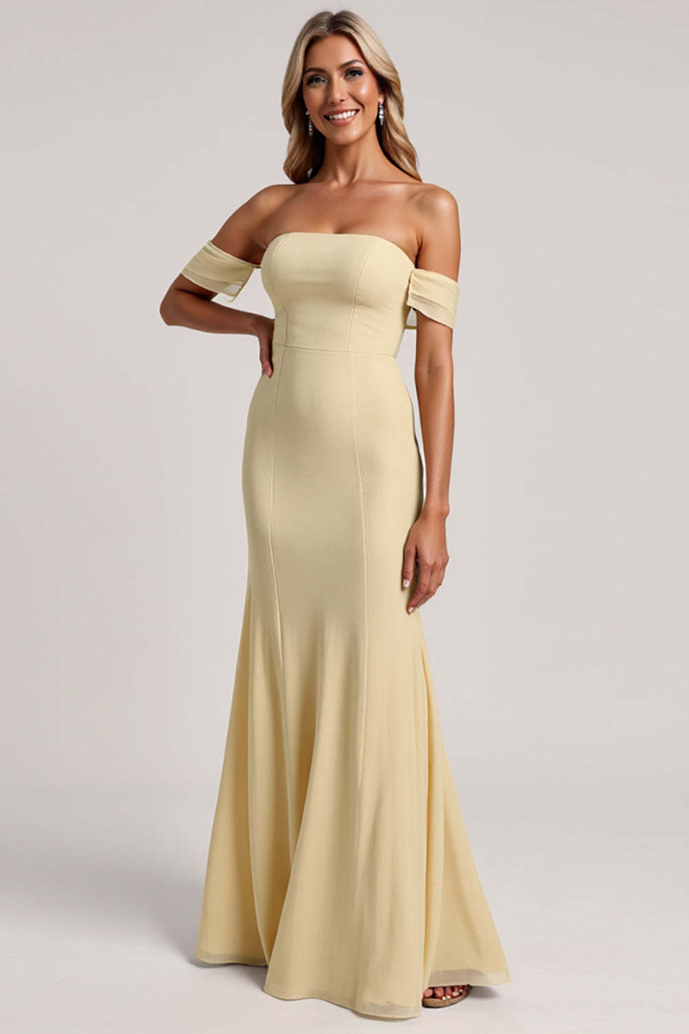 Daffodil Chiffon Mermaid Off the Shoulder Maxi Bridesmaid Dress