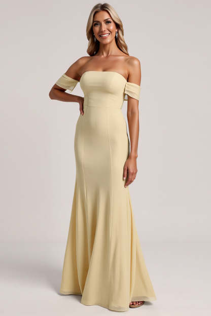 Daffodil Chiffon Mermaid Off the Shoulder Maxi Bridesmaid Dress