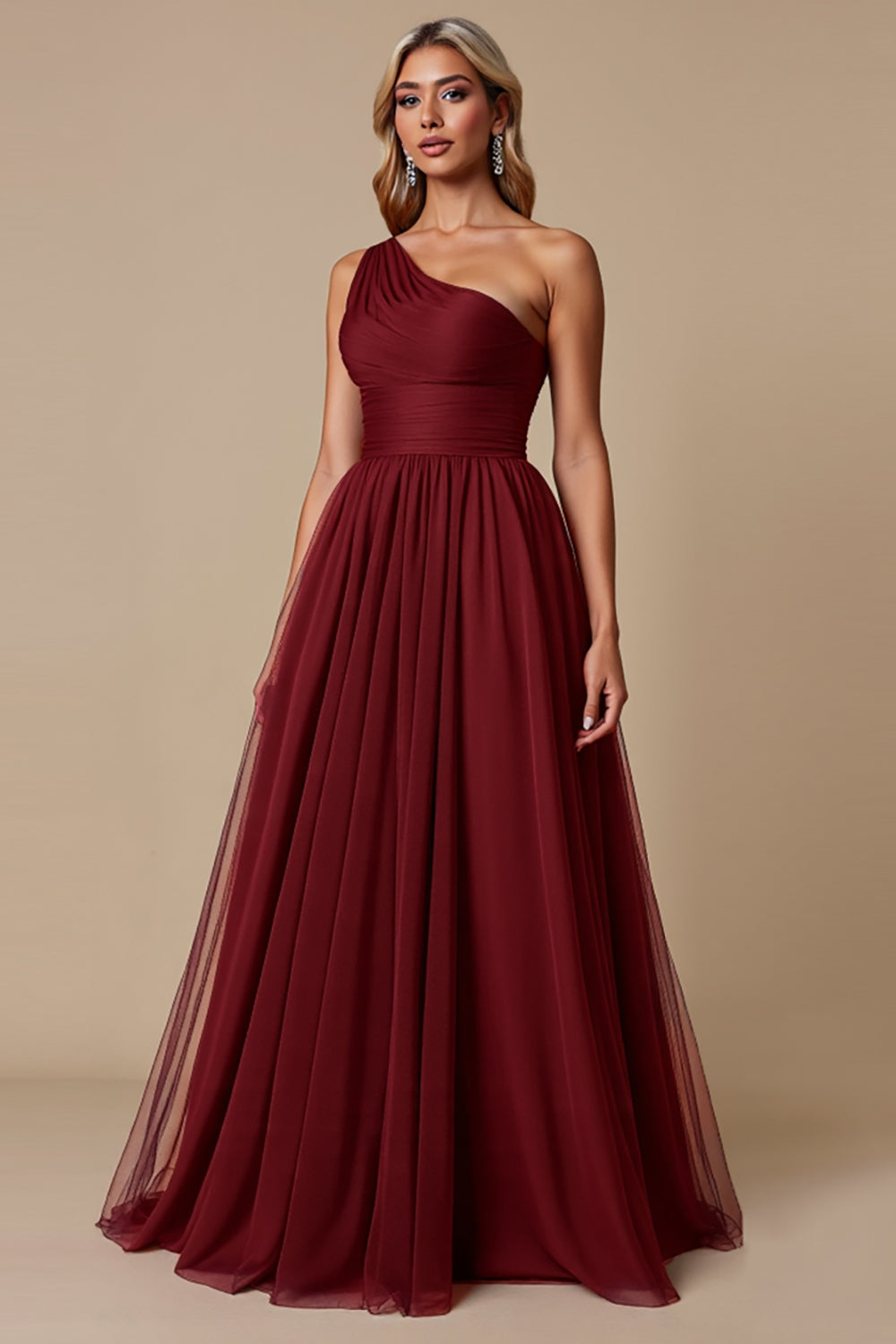 Leely Women Cabernet Tulle Maxi Bridesmaid Dress One Shoulder A Line Wedding Guest Dress