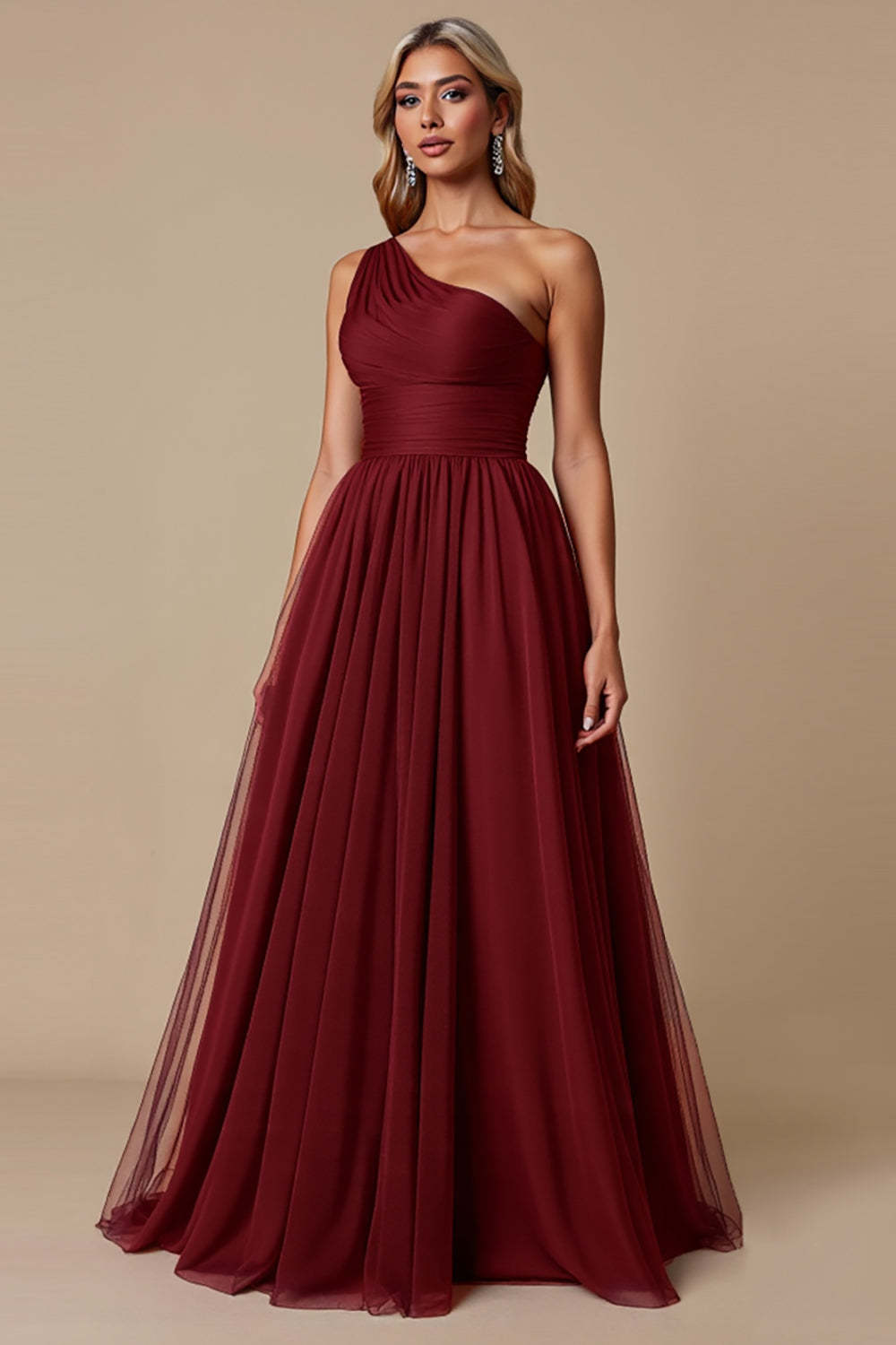 Leely Women Cabernet Tulle Maxi Bridesmaid Dress One Shoulder A Line Wedding Guest Dress