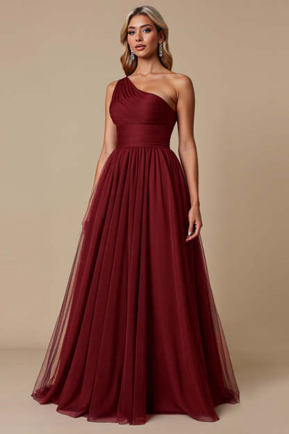 Leely Women Cabernet Tulle Maxi Bridesmaid Dress One Shoulder A Line Wedding Guest Dress