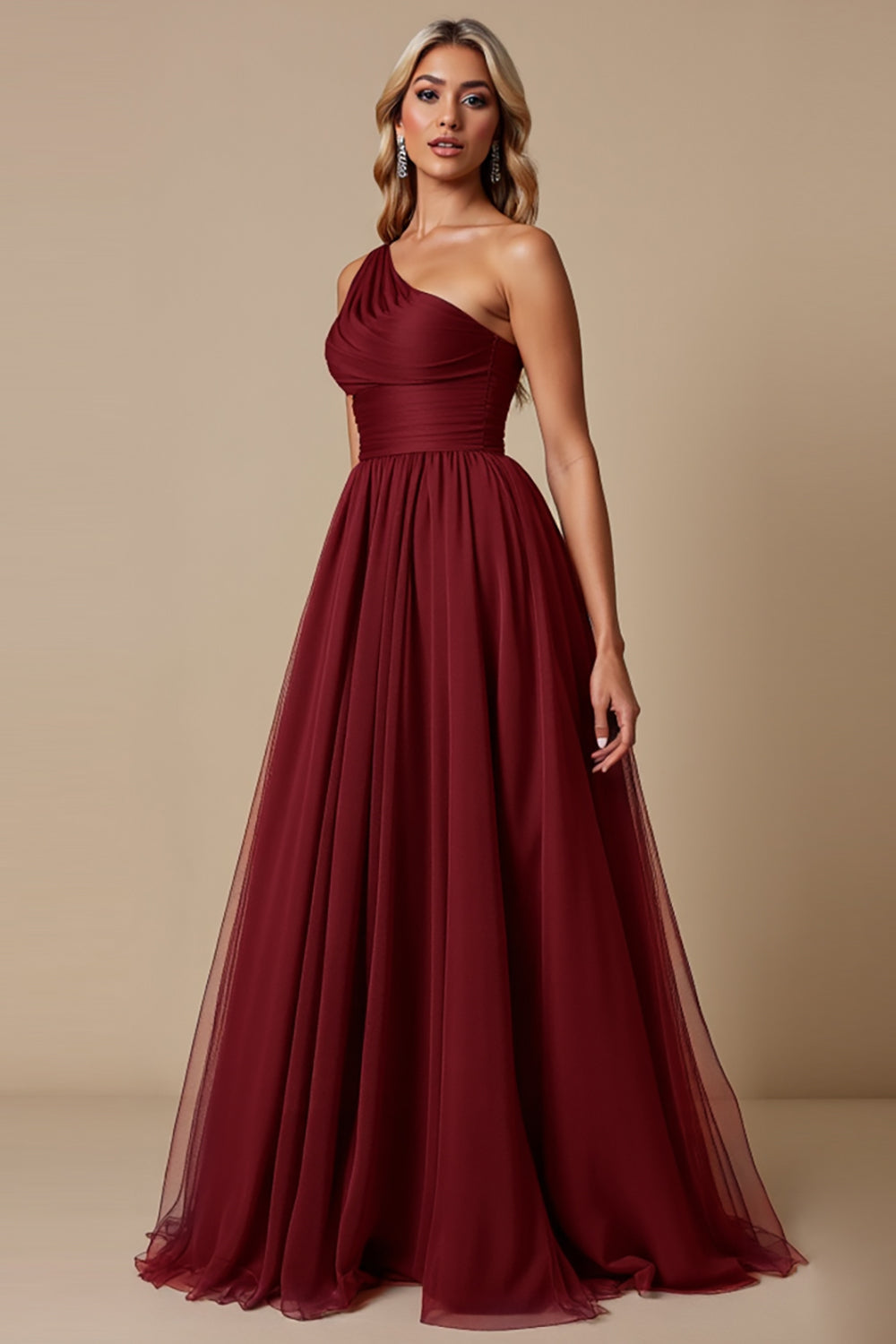 Cabernet A Line One Shoulder Maxi Bridesmaid Dress