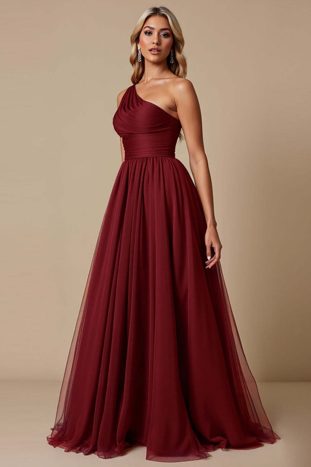 Cabernet A Line One Shoulder Maxi Bridesmaid Dress