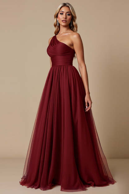 Cabernet A Line One Shoulder Maxi Bridesmaid Dress