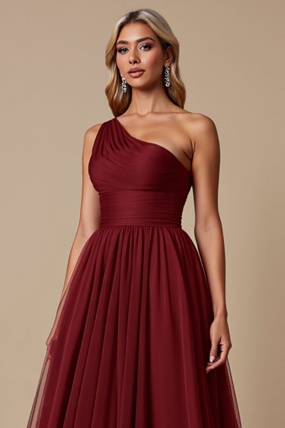Cabernet A Line One Shoulder Maxi Bridesmaid Dress