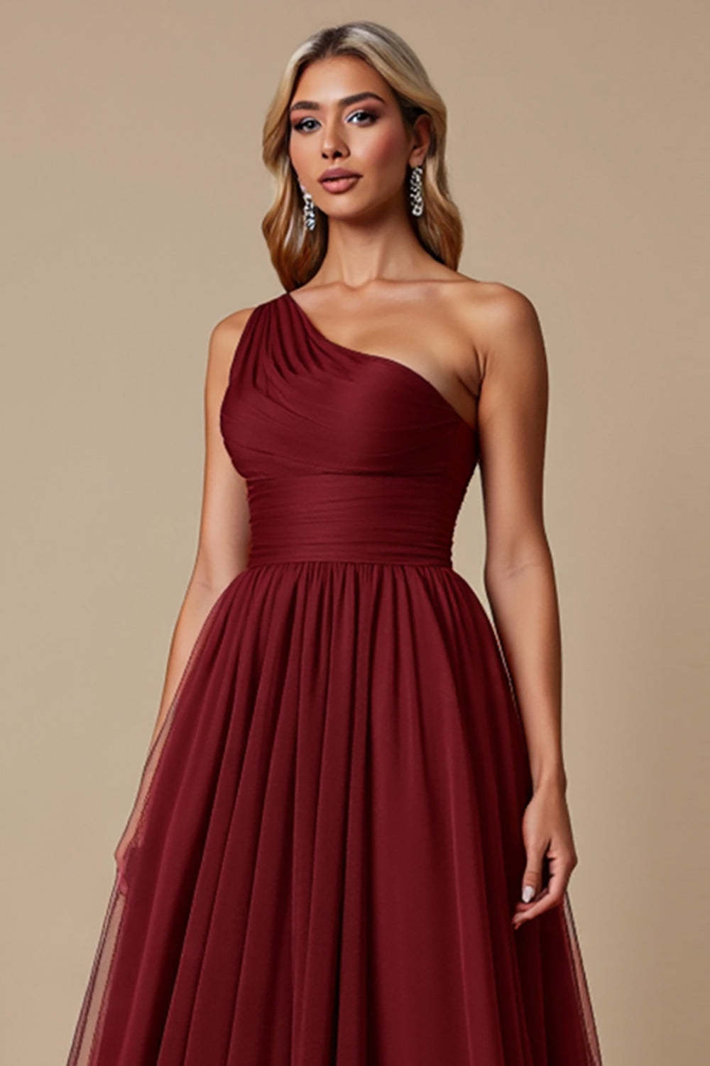 Cabernet A Line One Shoulder Maxi Bridesmaid Dress