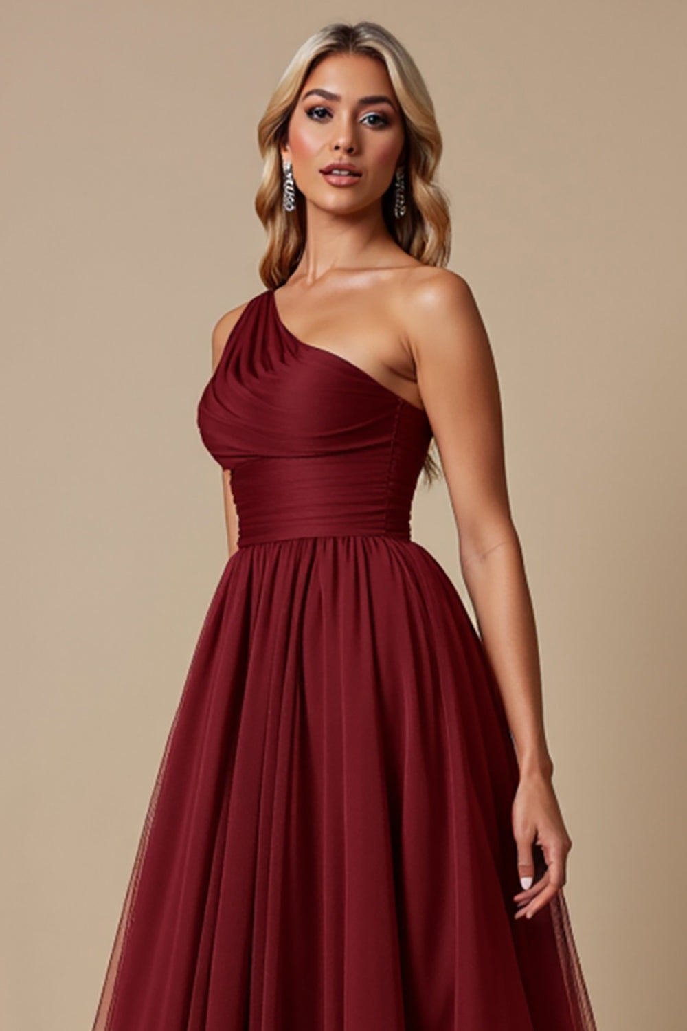 Cabernet A Line One Shoulder Maxi Bridesmaid Dress
