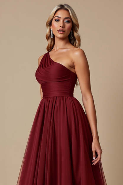 Cabernet A Line One Shoulder Maxi Bridesmaid Dress