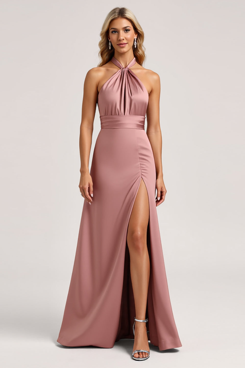 Leely Women Dust Rose Satin A Line Maxi Bridesmaid Dress with Slit Halter Backless Wedding Guest Dress