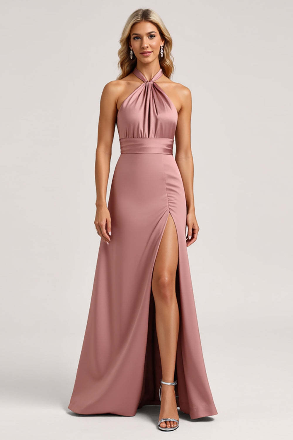 Leely Women Dust Rose Satin A Line Maxi Bridesmaid Dress with Slit Halter Backless Wedding Guest Dress