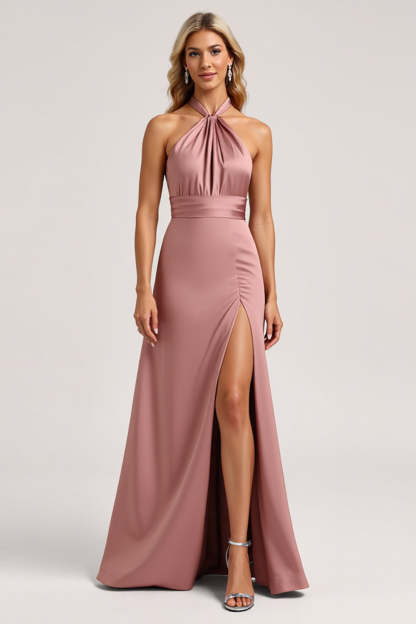 Leely Women Dust Rose Satin A Line Maxi Bridesmaid Dress with Slit Halter Backless Wedding Guest Dress
