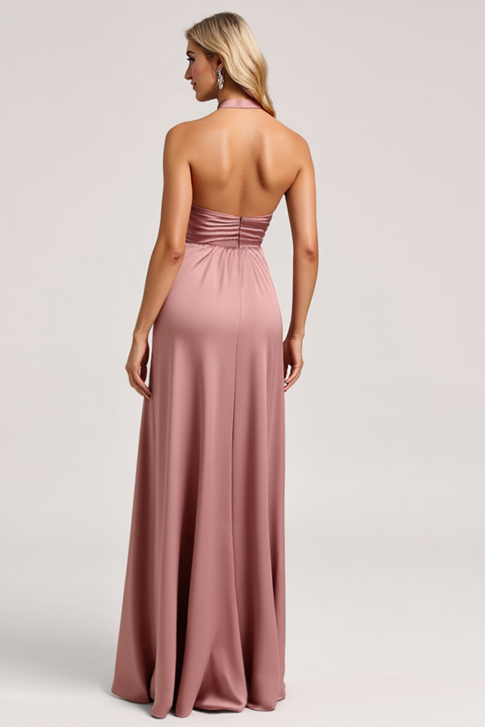 Dust Rose A Line Halter Satin Backless Maxi Bridesmaid Dress with Slit