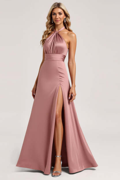 Dust Rose A Line Halter Satin Backless Maxi Bridesmaid Dress with Slit