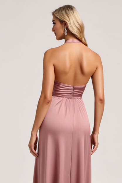 Dust Rose A Line Halter Satin Backless Maxi Bridesmaid Dress with Slit