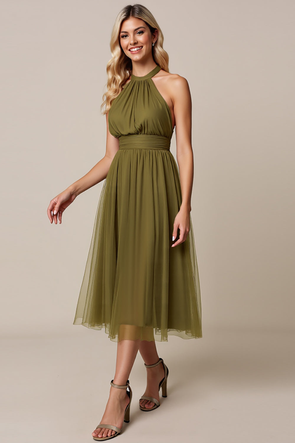 Leely Women Olive A Line Midi Bridesmaid Dress organza Pleated Halter Wedding Guest Dress
