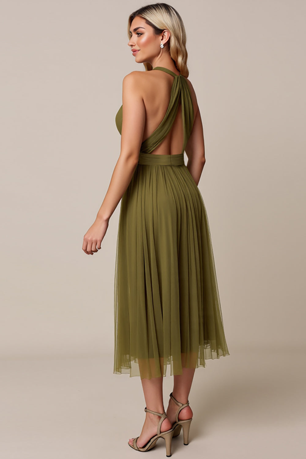 Olive A Line Pleated Halter Midi Bridesmaid Dress