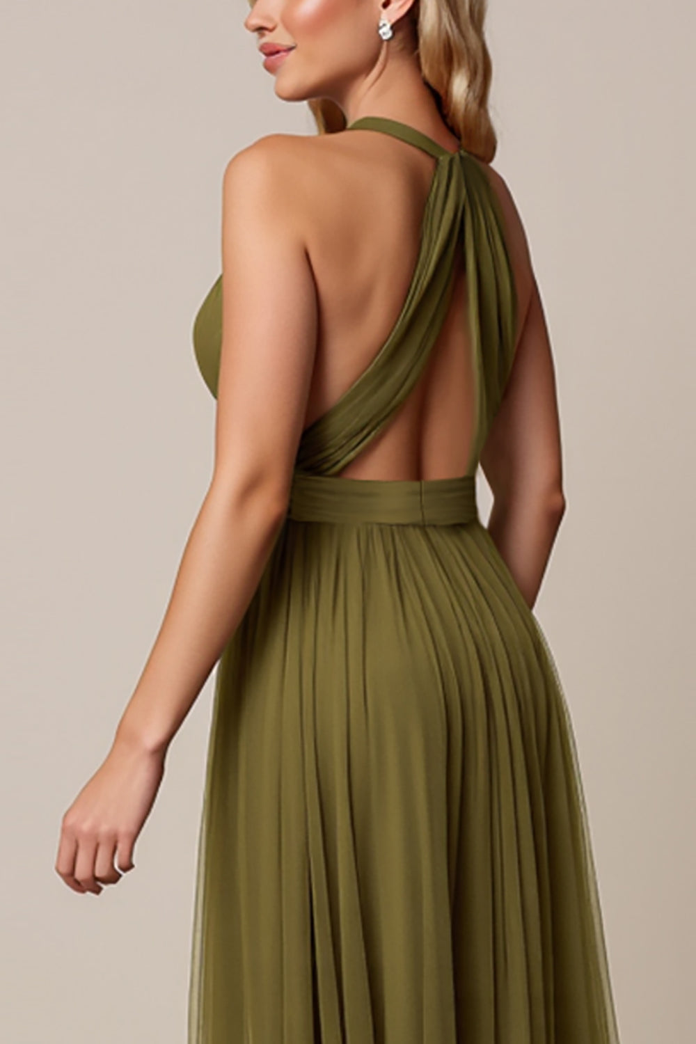 Olive A Line Pleated Halter Midi Bridesmaid Dress
