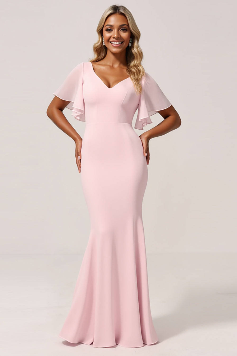 Candy Pink Mermaid V-Neck Chiffon Maxi Bridesmaid Dress with Flutter Sleeves