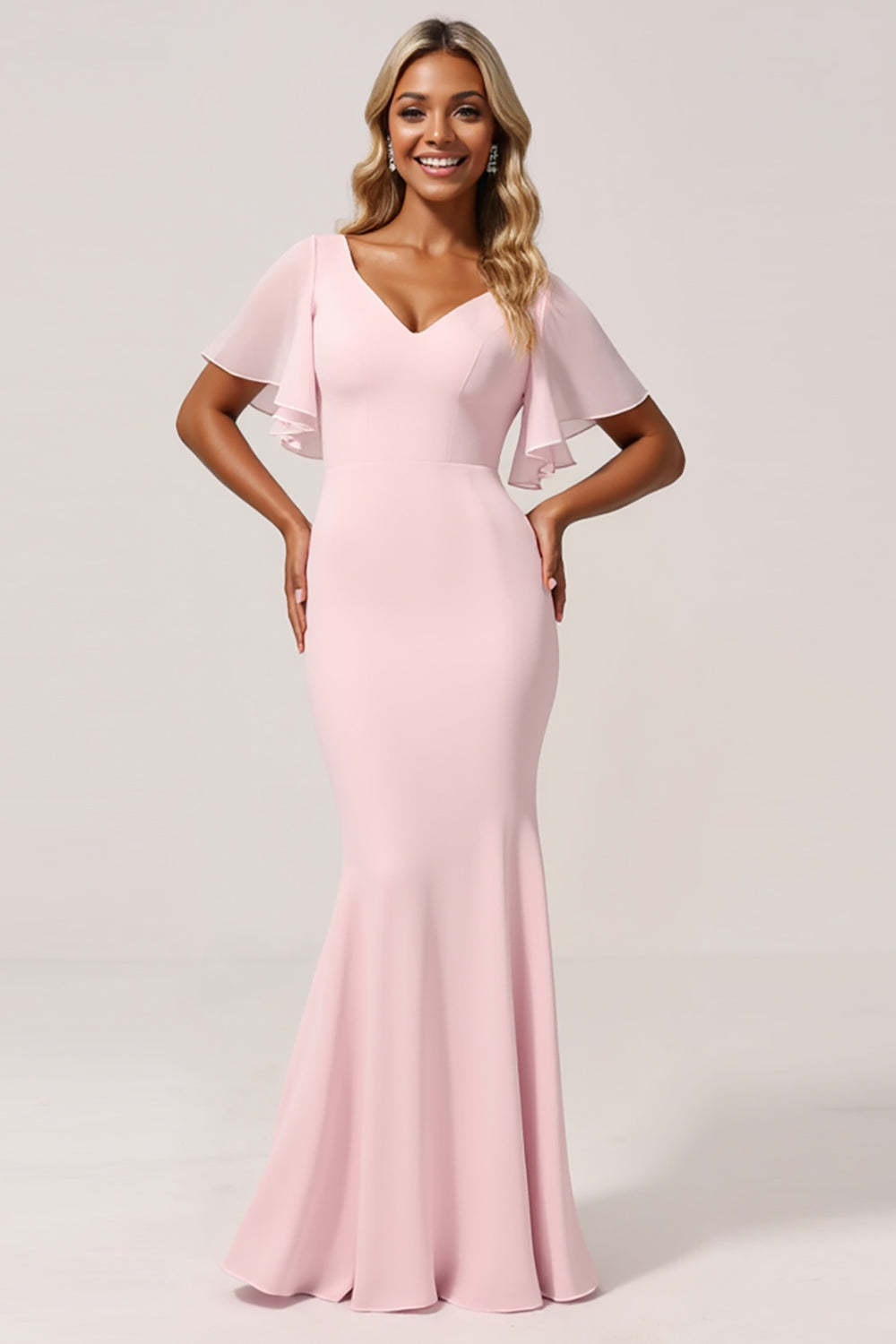 Leely Women Candy Pink Mermaid Maxi Bridesmaid Dress V-Neck Flutter Sleeves Wedding Guest Dress