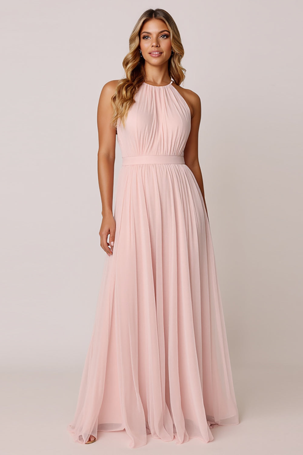 Leely Women Candy Pink A Line Maxi Bridesmaid Dress Halter Backless Wedding Guest Dress