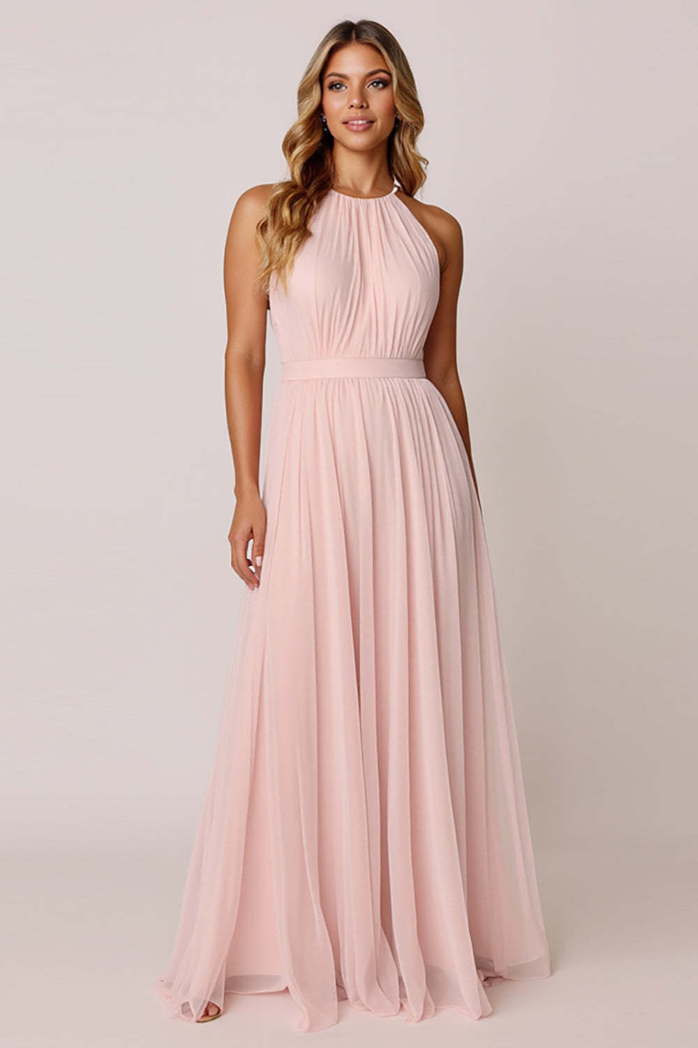 Leely Women Candy Pink A Line Maxi Bridesmaid Dress Halter Backless Wedding Guest Dress
