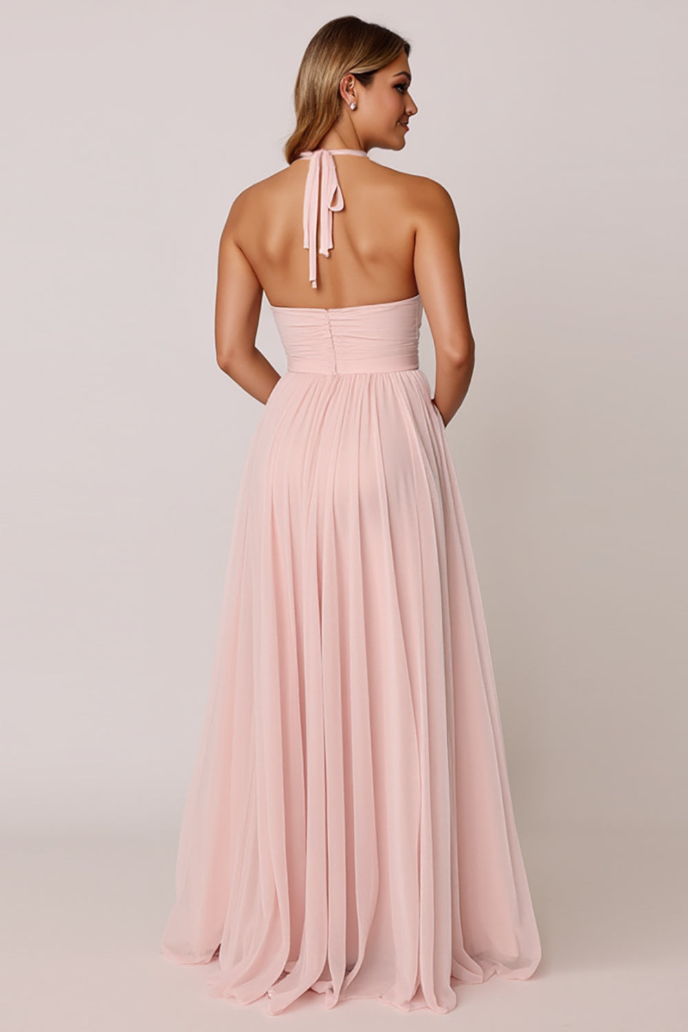 Candy Pink A Line Halter Backless Maxi Bridesmaid Dress