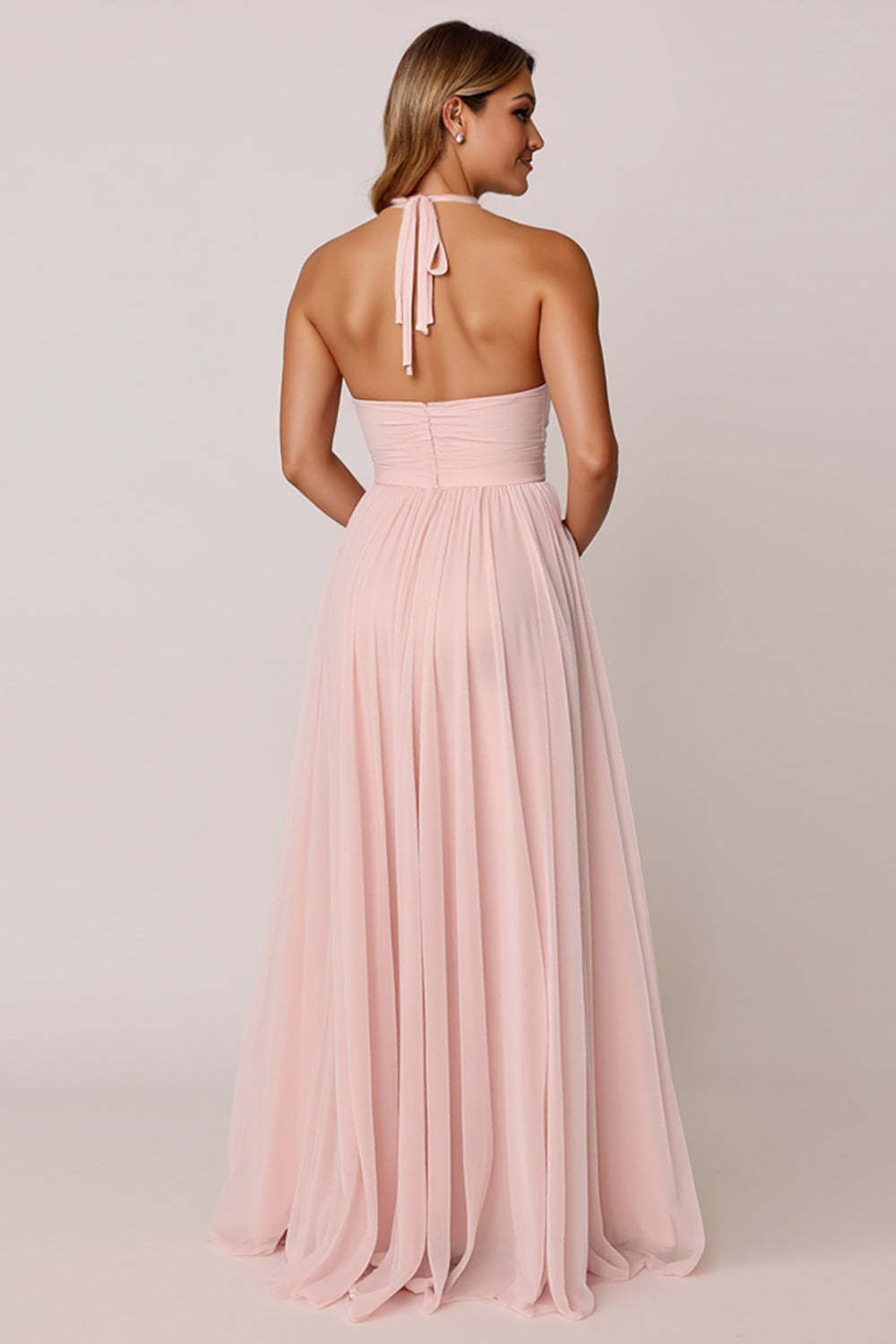 Candy Pink A Line Halter Backless Maxi Bridesmaid Dress