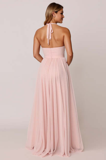 Candy Pink A Line Halter Backless Maxi Bridesmaid Dress