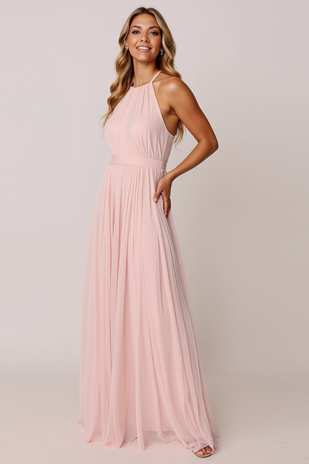Candy Pink A Line Halter Backless Maxi Bridesmaid Dress