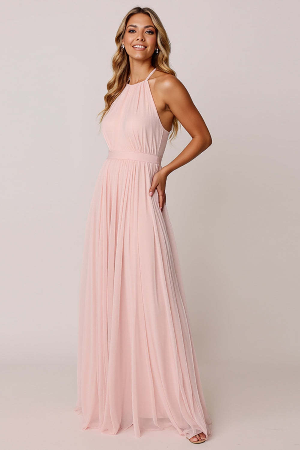 Candy Pink A Line Halter Backless Maxi Bridesmaid Dress