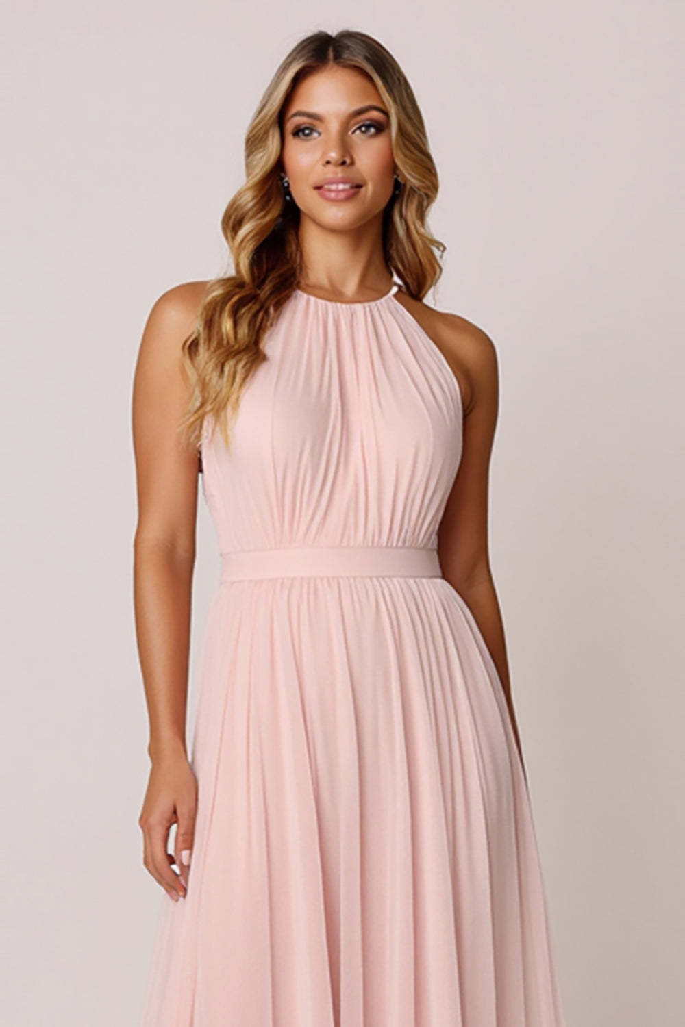 Candy Pink A Line Halter Backless Maxi Bridesmaid Dress