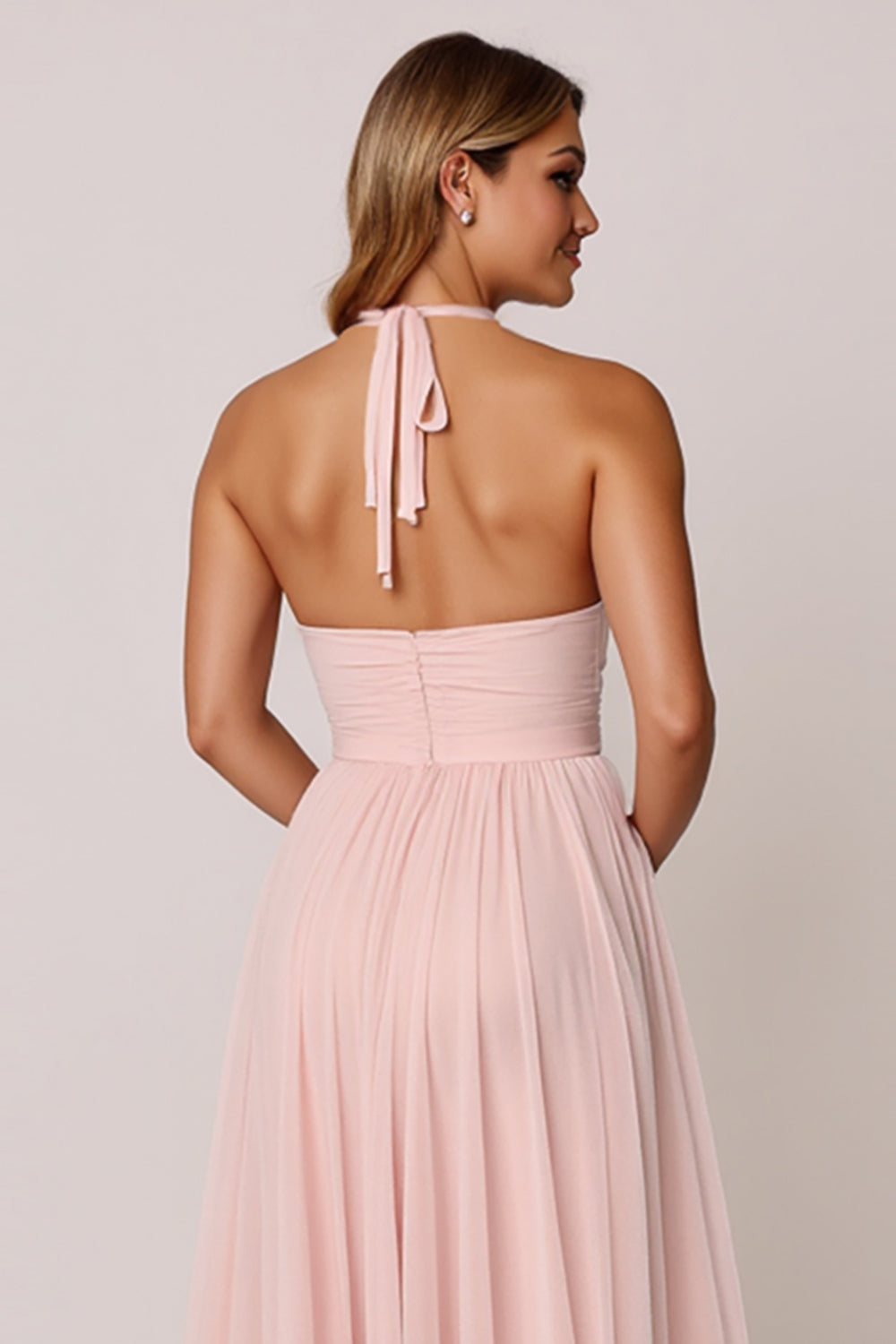 Candy Pink A Line Halter Backless Maxi Bridesmaid Dress