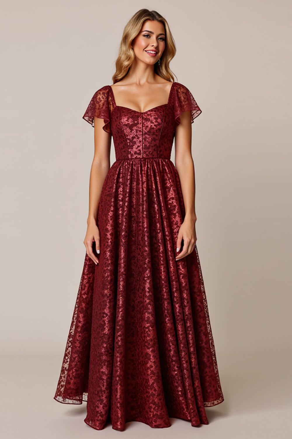 Cabernet A Line Appliqued Maxi Bridesmaid Dress with Sleeves