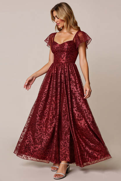 Cabernet A Line Appliqued Maxi Bridesmaid Dress with Sleeves