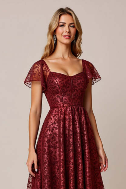 Cabernet A Line Appliqued Maxi Bridesmaid Dress with Sleeves