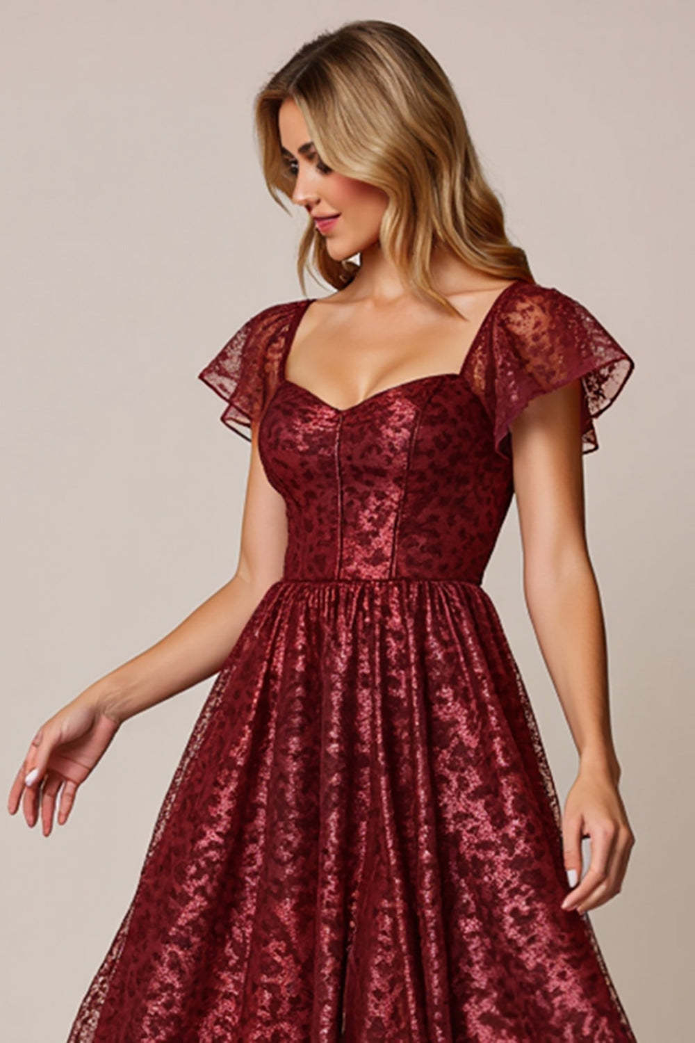 Cabernet A Line Appliqued Maxi Bridesmaid Dress with Sleeves