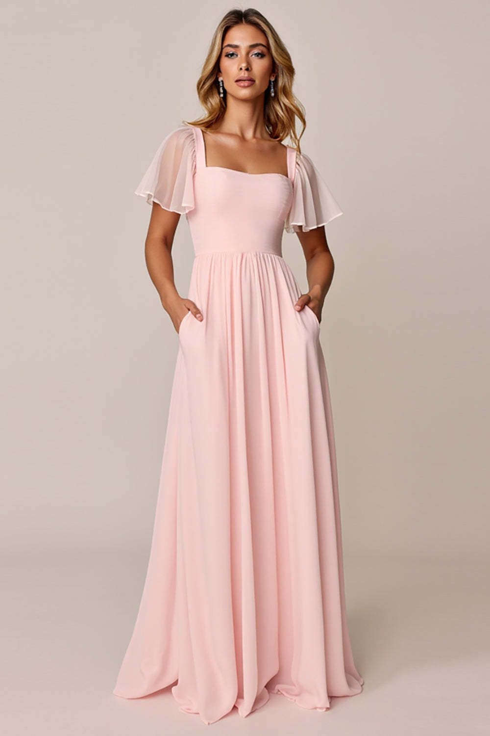 Leely Women Candy Pink Chiffon A Line Maxi Bridesmaid Dress with Pocktes Short Sleeves Lace-Up Back Square Neck Wedding Guest Dress