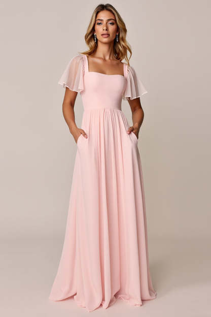 Leely Women Candy Pink Chiffon A Line Maxi Bridesmaid Dress with Pocktes Short Sleeves Lace-Up Back Square Neck Wedding Guest Dress