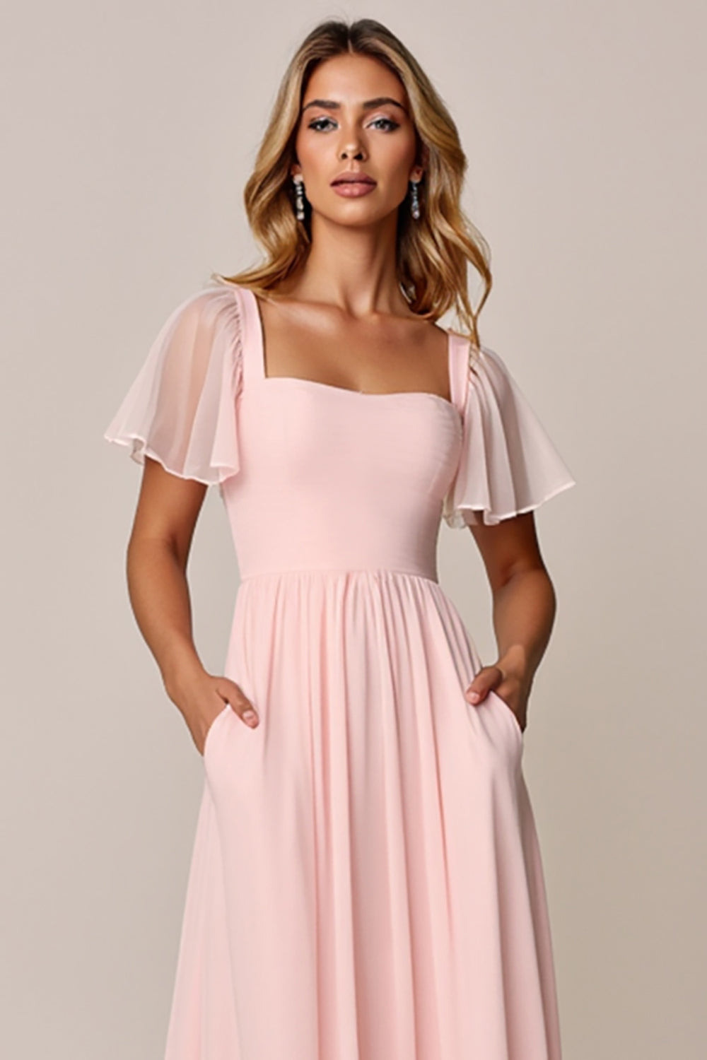 Candy Pink A Line Chiffon Maxi Bridesmaid Dress with Pocktes