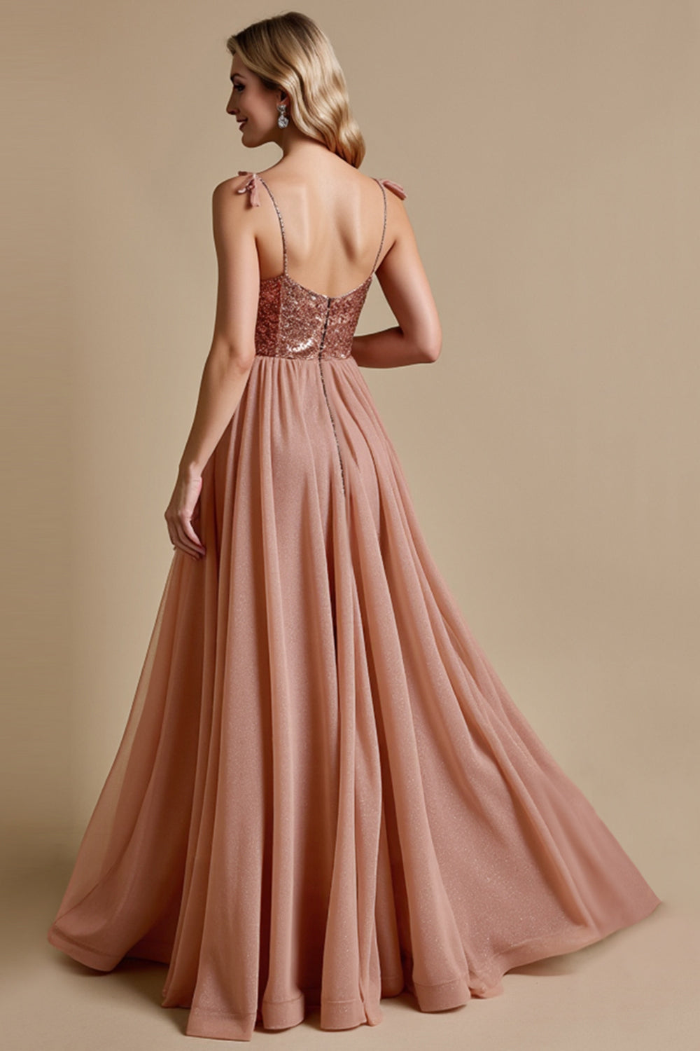 Sparkly Dusty Rose Spaghetti Straps A Line Maxi Bridesmaid Dress