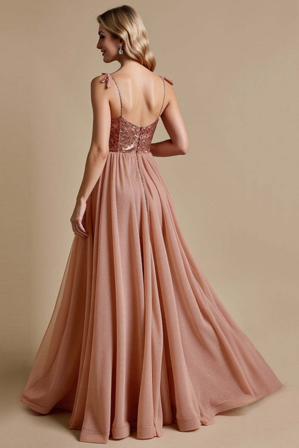 Sparkly Dusty Rose Spaghetti Straps A Line Maxi Bridesmaid Dress