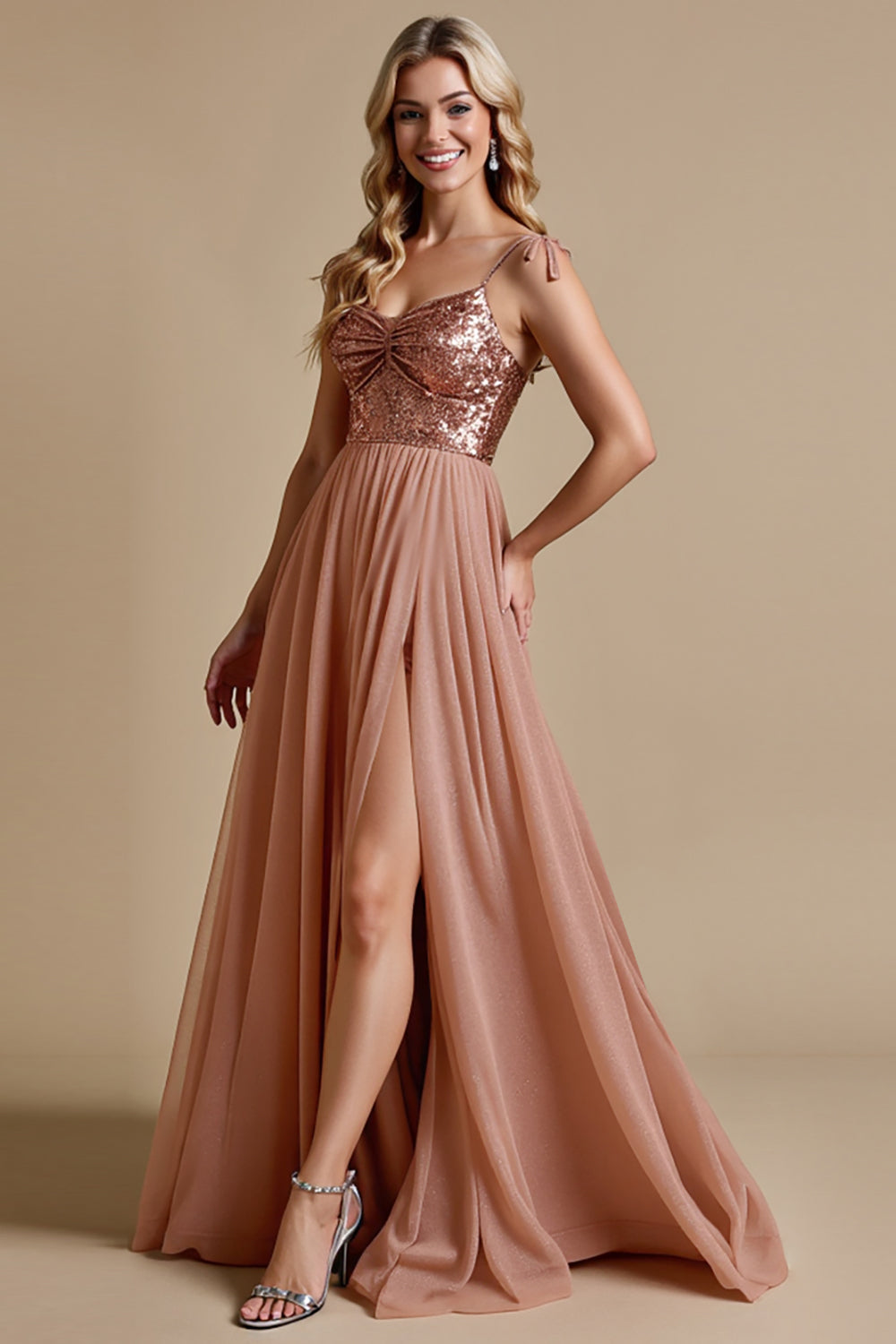Sparkly Dusty Rose Spaghetti Straps A Line Maxi Bridesmaid Dress