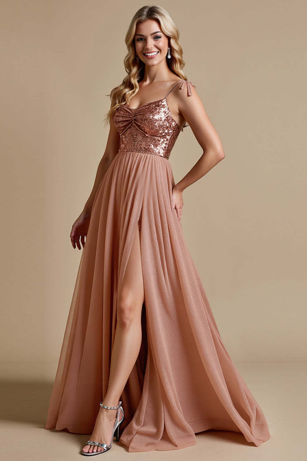 Sparkly Dusty Rose Spaghetti Straps A Line Maxi Bridesmaid Dress