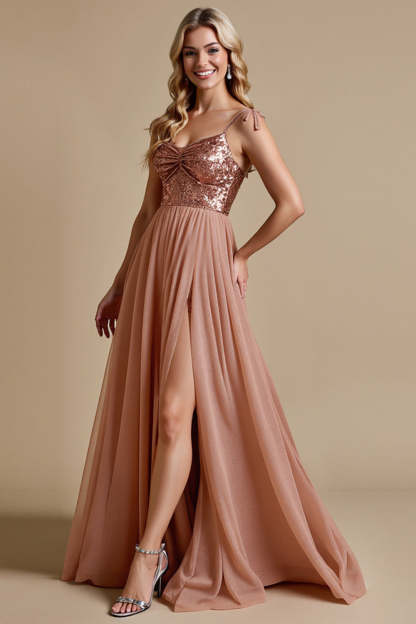 Sparkly Dusty Rose Spaghetti Straps A Line Maxi Bridesmaid Dress