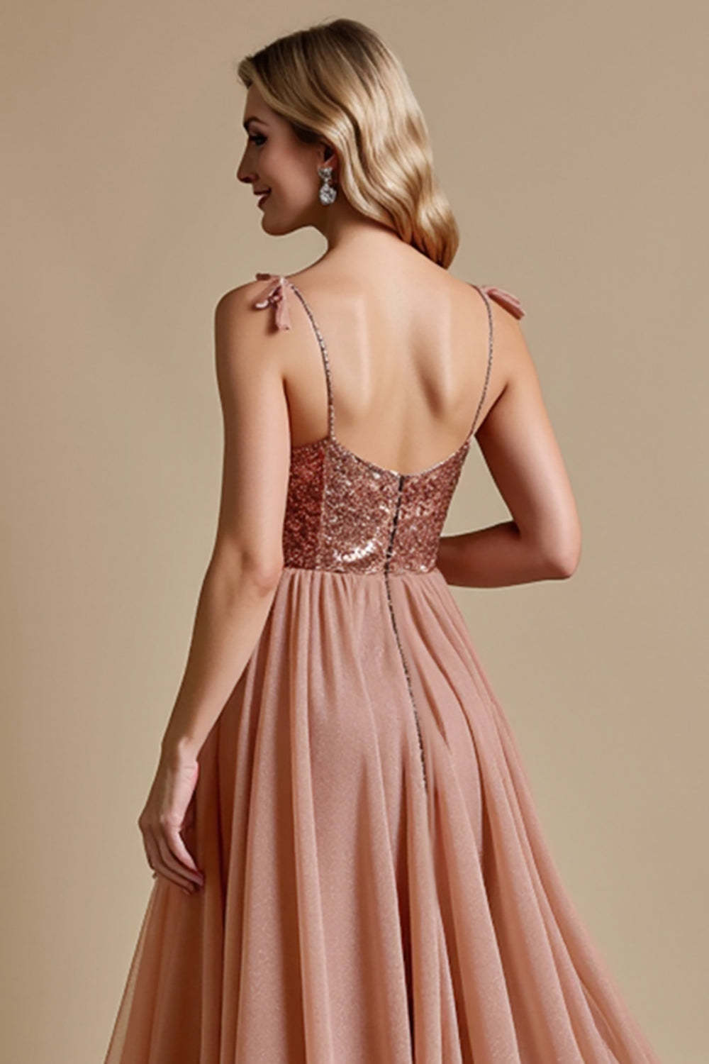 Sparkly Dusty Rose Spaghetti Straps A Line Maxi Bridesmaid Dress