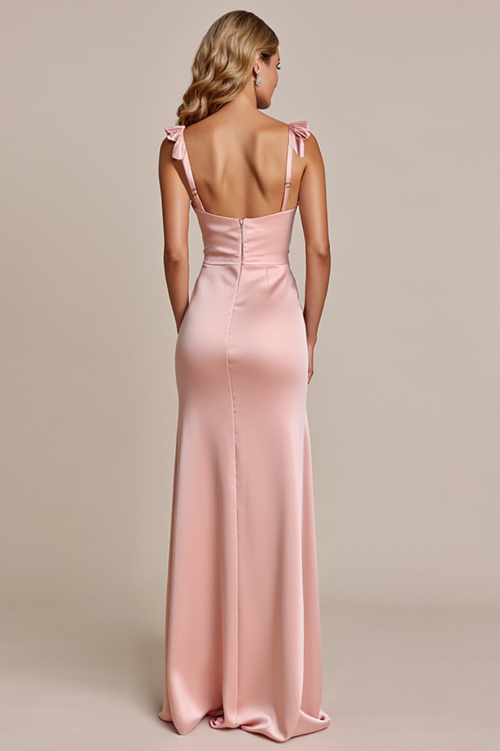 Blush Spaghetti Straps Sheath Satin Maxi Bridesmaid Dress with Slit