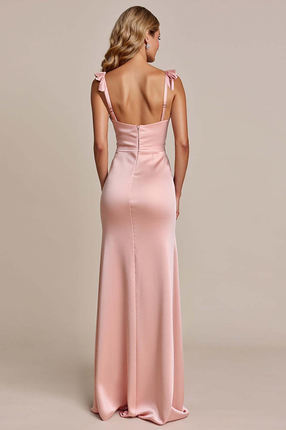 Blush Spaghetti Straps Sheath Satin Maxi Bridesmaid Dress with Slit