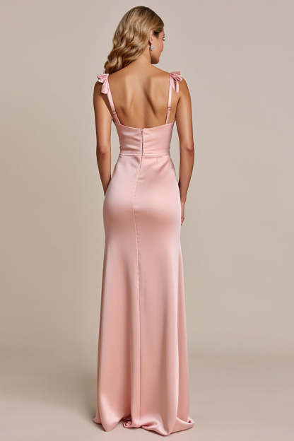 Blush Spaghetti Straps Sheath Satin Maxi Bridesmaid Dress with Slit
