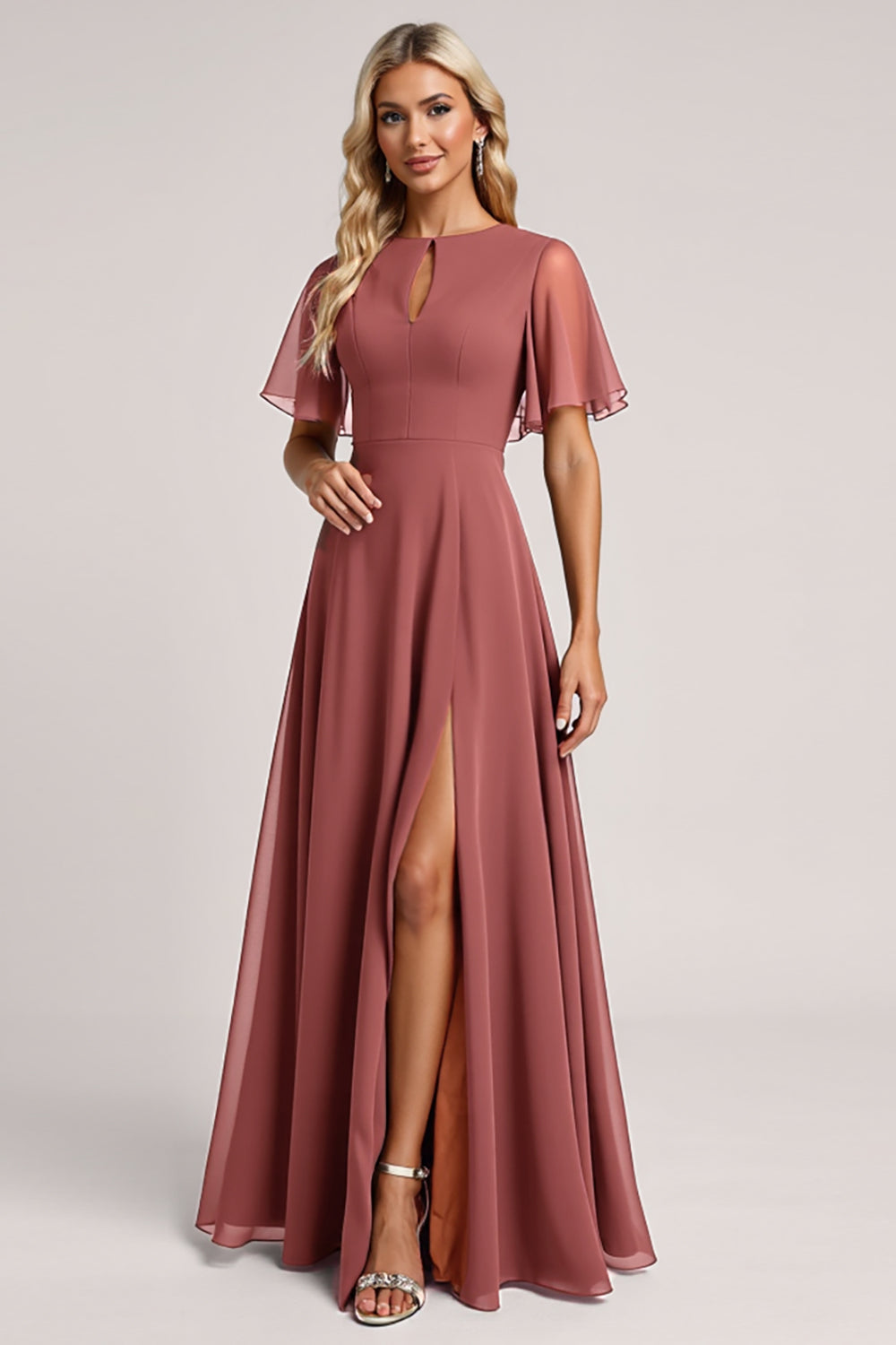 Vintage Mauve A Line Flutter Sleeves Maxi Bridesmaid Dress with Slit
