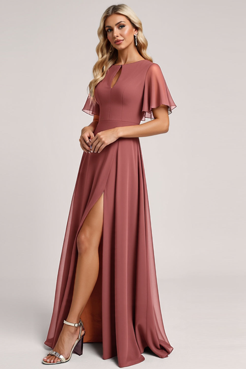 Vintage Mauve A Line Flutter Sleeves Maxi Bridesmaid Dress with Slit